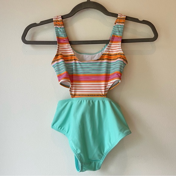 Mandarine &Co Girls One Piece Swimsuit XS/7 Colorful Stripe Top & Mint Bow Waist - Picture 7 of 7